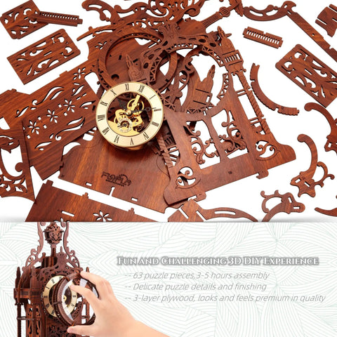LED 3D Wood Puzzle Clock Tower Kit For Adults, parts laid out, intricate design, plywood pieces, 3D DIY model