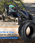 Go Kart And Mini Bike Tire 145/70-6 Tubeless Rear V-Tread, 6 Inch Rim, shown on go kart in off-road setting