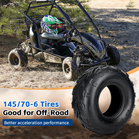 Go Kart And Mini Bike Tire 145/70-6 Tubeless Rear V-Tread, 6 Inch Rim, shown on go kart in off-road setting