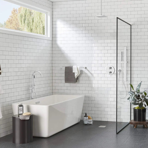 Modern bathroom with Studio S 8 Inch Rain Showerhead 2.5 Gpm Polished Chrome With Brass Construction Easy Clean Nozzles.