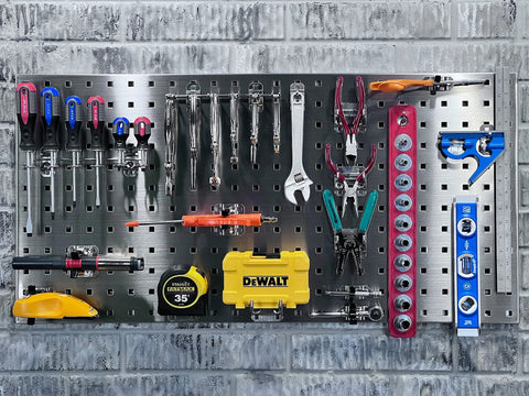 Stainless Steel Pegboard LocBoard Set Of 2 For Garage And Home Storage, 18 By 36 Inches, tools organized on wall panel.