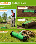 Thatch Rake For Lawn 15 Inch Dethatcher With Smooth Rolling Wheels Adjustable 0 To 15 Degrees 38 To 68 Inch Handle Heavy Duty Thatching Rake For Quick Dead Grass Cleanup And Yard Work Olive displayed performing various tasks.