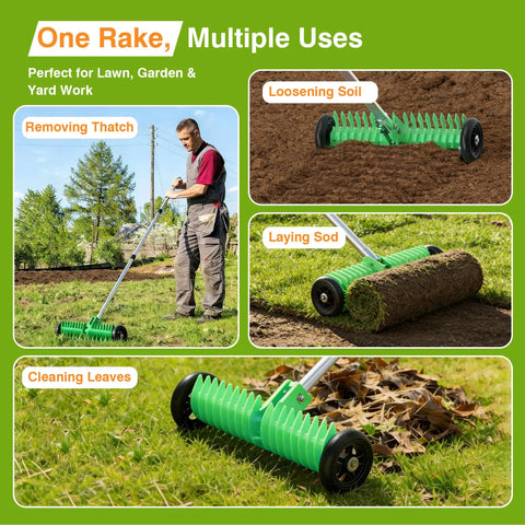 Thatch Rake For Lawn 15 Inch Dethatcher With Smooth Rolling Wheels Adjustable 0 To 15 Degrees 38 To 68 Inch Handle Heavy Duty Thatching Rake For Quick Dead Grass Cleanup And Yard Work Olive displayed performing various tasks.