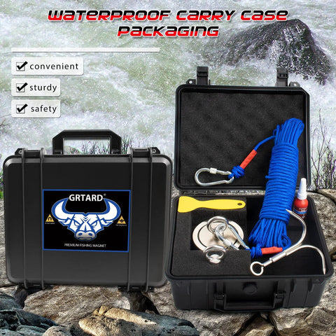 Grtard magnet fishing kit in hard case; 3.70-inch double‑sided N52 magnets with blue retrieval rope, hooks and carabiner.