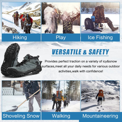 Slip On Ice Cleats Traction Crampons For Snow And Ice versatile for hiking, ice fishing, and snow shoveling with non slip rubber overshoes.