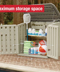 Huge Horizontal Resin Outdoor Storage Shed With Floor 5 By 4 Feet Weather Resistant Beige Brown Keeps Pool Toys Cushions