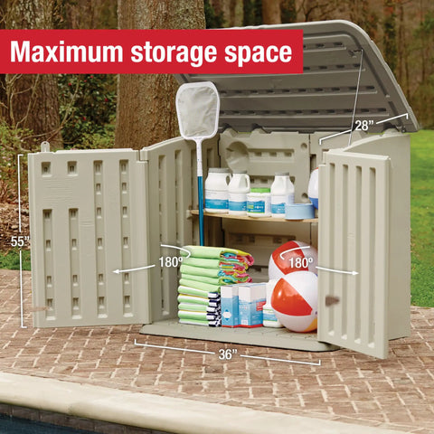 Huge Horizontal Resin Outdoor Storage Shed With Floor 5 By 4 Feet Weather Resistant Beige Brown Keeps Pool Toys Cushions