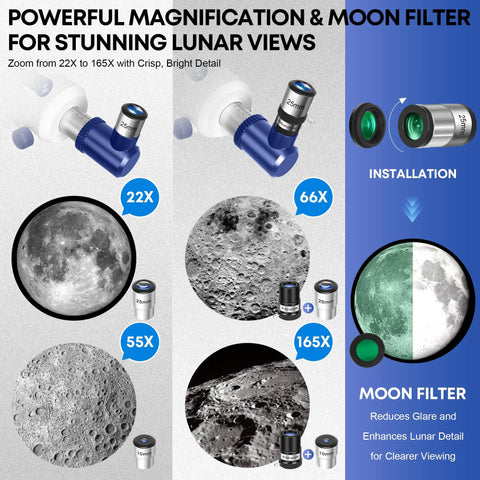High Powered 90mm Aperture 550mm Focal Portable Refractor Telescope magnification and moon filter display