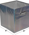 Six Pack Foldable Cube Storage Bins Set In Shiny Silver For Shelves Closets Underbed Clothes Or Kids Toys Decorative Collapsible Organizer Heavy Duty Polypropylene With Extra Cardboard Support showing single shiny silver cube with handle