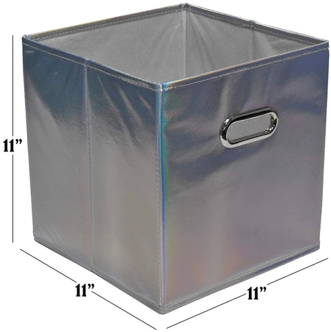 Six Pack Foldable Cube Storage Bins Set In Shiny Silver For Shelves Closets Underbed Clothes Or Kids Toys Decorative Collapsible Organizer Heavy Duty Polypropylene With Extra Cardboard Support showing single shiny silver cube with handle