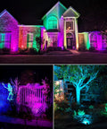 12 Pack RGBW Color Changing Outdoor Landscape Lights Kit With 300W Low Voltage Transformer illuminating a house and trees
