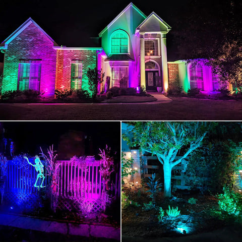 12 Pack RGBW Color Changing Outdoor Landscape Lights Kit With 300W Low Voltage Transformer illuminating a house and trees