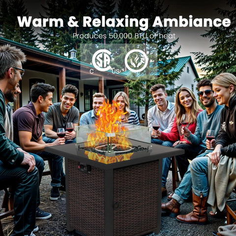 Group enjoying warmth around Outdoor Gas Fire Pit Table With 28 Inch Rattan Square Design Glass Wind Guard Tempered Glass Top Lid CSA Listed 50000 BTU Brown