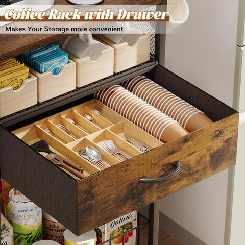 Compact Coffee Bar Cart With Secure Drawer And Hanging Mug Rack Real Cool Three Tier Station showing organized storage with drawer and utensils.