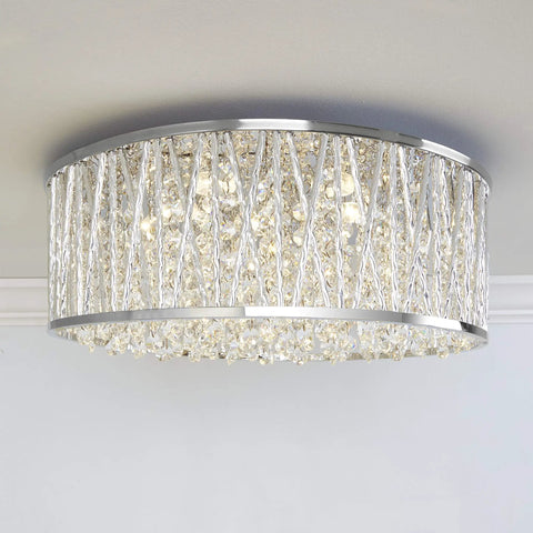 Laser Cut Aluminum Crystal LED Ceiling Light In Chrome Finish With Real Crystal Dangles, Easy Install, Lightweight Sleek Modern Fixture