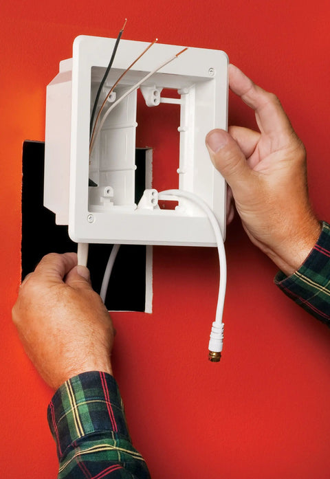 Installation of Recessed Three Gang Electrical Outlet Mounting Box With Paintable White Wall Plate for low and high voltage wires