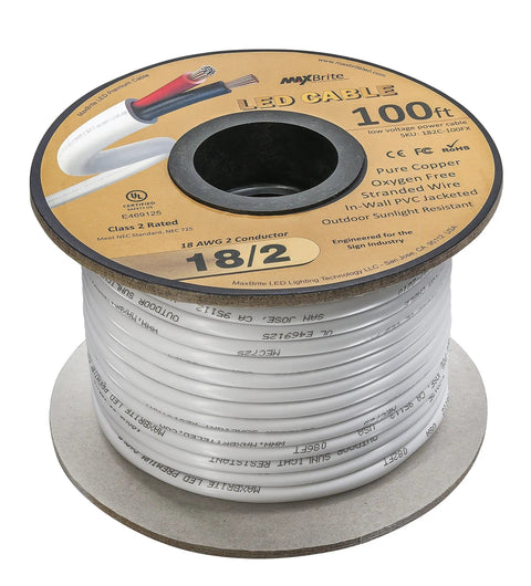 100 Ft Reel 18 AWG Low Voltage LED Cable, 2-Conductor spool with white PVC, UL Listed, Sunlight Resistant for outdoor use