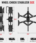Diagram showing dimensions and use of Heavy Duty Wheel Chocks Stabilizer For RVs Travel Trailers And Trucks Drill Adjustable 2 Pack.