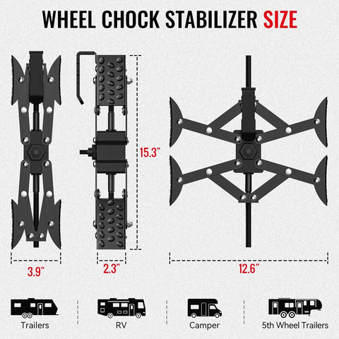 Diagram showing dimensions and use of Heavy Duty Wheel Chocks Stabilizer For RVs Travel Trailers And Trucks Drill Adjustable 2 Pack.