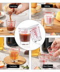 Collage of Two Pack Shot Glass Measuring Cup Set With Thick Base, Multi Unit Liquid Measuring Cup For Espresso and Drinks in use