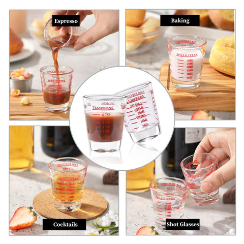 Collage of Two Pack Shot Glass Measuring Cup Set With Thick Base, Multi Unit Liquid Measuring Cup For Espresso and Drinks in use