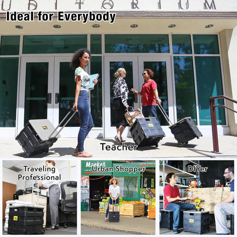 Collapsible Rolling Cart On Wheels For Teachers And Classrooms Mega Handy Heavy Duty Plastic Tote Cart With Telescoping Handle 80 Lb Capacity Folds To 3 Inches Doubles As A Seat Durable Grey in various everyday scenarios, including a teacher, urban shopper, and DIYer using the cart.
