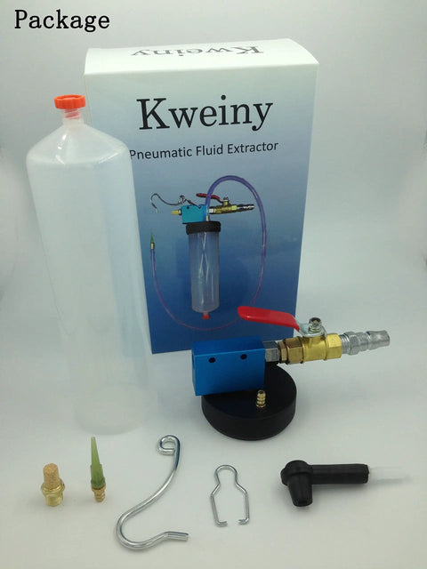Pneumatic Fluid Extractor Drainer For Automotive Brake, Clutch, And Power Steering Fluids package contents displayed.