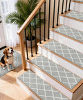 Non Slip Stair Treads For Wooden Steps 9 By 28 Inches Peel And Stick Indoor Runner For Kids Elders And Dogs Grey 4 Pack Soft Polyester With TPE Backing For Quiet Safe Steps installed on wooden staircase, with dog.