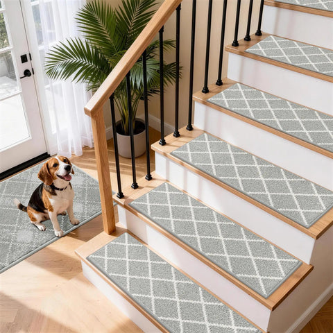 Non Slip Stair Treads For Wooden Steps 9 By 28 Inches Peel And Stick Indoor Runner For Kids Elders And Dogs Grey 4 Pack Soft Polyester With TPE Backing For Quiet Safe Steps installed on wooden staircase, with dog.