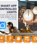 Smart Life app controlling 48Ft 15-Socket LED Outdoor String Lights With Remote Control Alexa Compatible, woman relaxing on patio