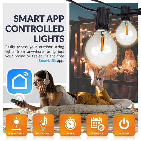 Smart Life app controlling 48Ft 15-Socket LED Outdoor String Lights With Remote Control Alexa Compatible, woman relaxing on patio