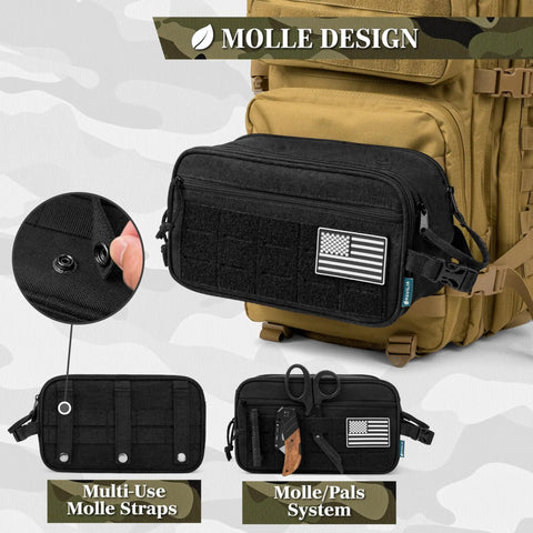 Tactical Toiletry Bag For Men Water Resistant Military Molle Dopp Kit Travel Organizer with MOLLE straps and attachments.