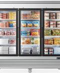 Huge 72 Cubic Foot Commercial Freezer Three Glass Doors Stainless Steel Reach In Display Merchandiser with frozen foods and meats