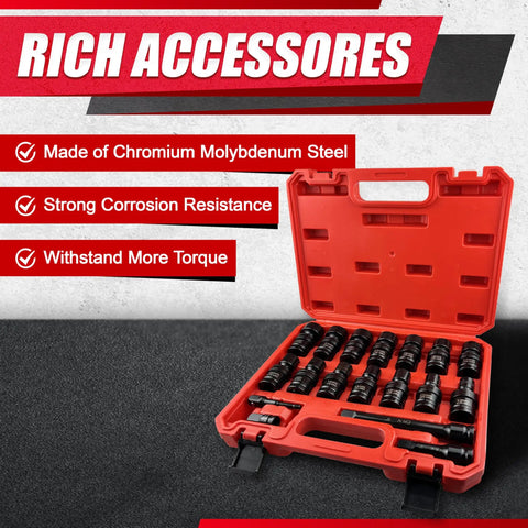 18 Piece Half Inch Drive Shallow Universal Impact Socket Set With Swivel And Flexible Wobble Sockets CR MO Construction Pro Grade