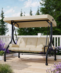 Three Seat Outdoor Porch Swing With Adjustable Canopy And Stand Heavy Duty Patio Swing For Adults Up To Eight Hundred Pounds
