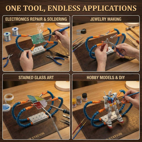 Four Arm Handy Helping Hands Pro Grade With Eleven Point Eight Inch Extended Gooseneck And Three Sixty Degree Rotating Alligator Clamps Third Hand PCB Holder for Soldering, Stained Glass, and DIY Crafts in use for electronics and model assembly.