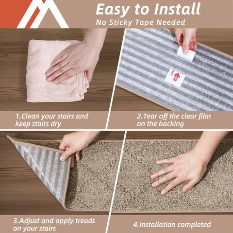 Installation steps for Edging Stair Treads Non Slip Carpet Mats 28 Inch By 9 Inch Indoor Stair Runner For Wooden Steps Durable Beige 15 Pack With TPE Backing Ideal For Homes With Kids And Pets.