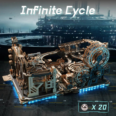 Motorized Marble Run Set With Spaceport And Night City Tracks LGC01 LGA01 Link Pack LG01 showcasing intricate wooden gears