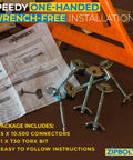 Heavy Duty Joint Connectors For Countertops And Butcher Blocks 5 Pack With T30 Torx Bit, zinc plated connectors and instructions on wooden surface.