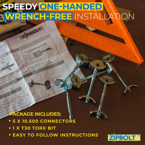 Heavy Duty Joint Connectors For Countertops And Butcher Blocks 5 Pack With T30 Torx Bit, zinc plated connectors and instructions on wooden surface.