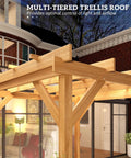 Six Point Six Foot By Six Point Six Foot Outdoor Pergola Kit With Built To Last Concrete Anchors And A Sturdy Frame Wood Gazebo with multi-tiered trellis roof, close-up view.