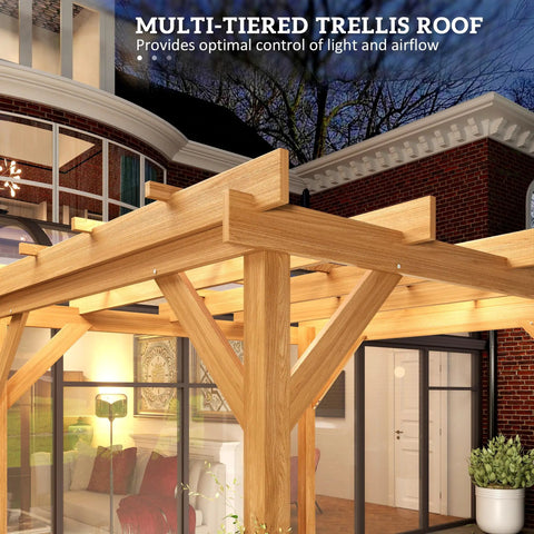 Six Point Six Foot By Six Point Six Foot Outdoor Pergola Kit With Built To Last Concrete Anchors And A Sturdy Frame Wood Gazebo with multi-tiered trellis roof, close-up view.