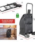 Foldable Grocery Cart On Wheels With Removable Tote Bag And Storage Pockets, Multi Use Rolling Cart With Hand Truck Dolly Function, Compact Durable Design For Shopping And Transport, Black with dimensions and usage illustration