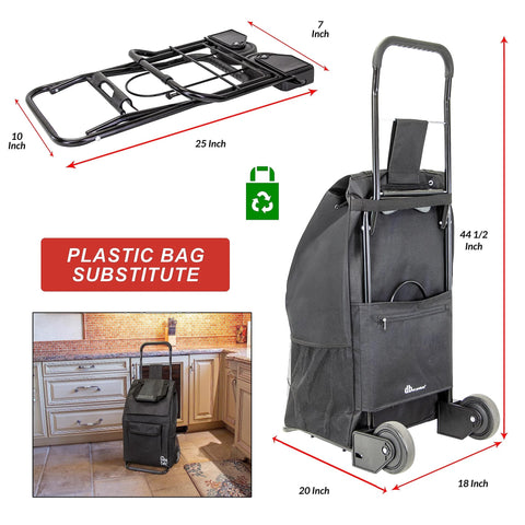 Foldable Grocery Cart On Wheels With Removable Tote Bag And Storage Pockets, Multi Use Rolling Cart With Hand Truck Dolly Function, Compact Durable Design For Shopping And Transport, Black with dimensions and usage illustration
