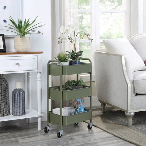 3 Tier Compact Rolling Metal Storage Cart With Wheels For Kitchen And Home Office, Mobile Utility Trolley, Under Desk Organization