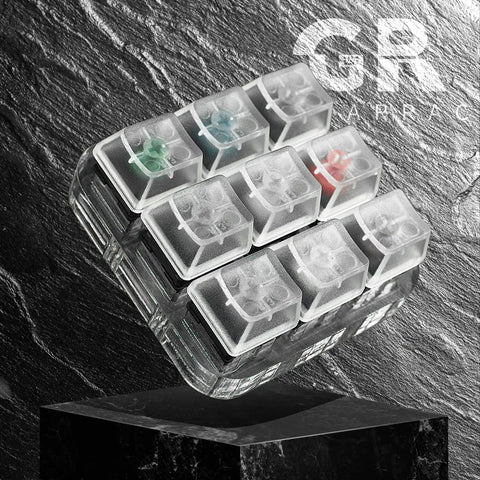 Nine Key Cherry MX Switch Tester for Mechanical Keyboards with crystal acrylic base on black background