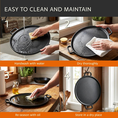 Cast Iron Pizza Pan 14 Inch With Even Heating Rugged Cast Iron Cookware For Crispy Crusts shown in cleaning steps