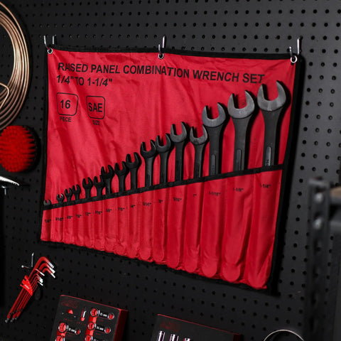 Sixteen Piece SAE Wrench Set With Roll Up Pouch One Quarter Inch To One And A Quarter Inch Open End And Box End Wrenches Built For DIYers