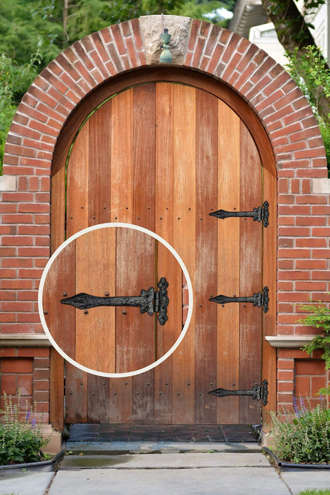 Two Piece Gate Hinge Set For Wooden Fences Heavy Duty Black Matte Finish Cast Iron Outdoor Barn Hinges on wooden gate door