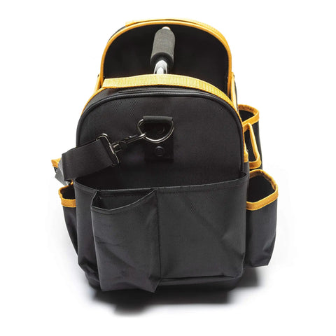 Front view of 16 Inch Handled Tool Tote Bag With Reinforced Bottom And Water Resistant Construction 42 Inch Removable Adjustable Strap